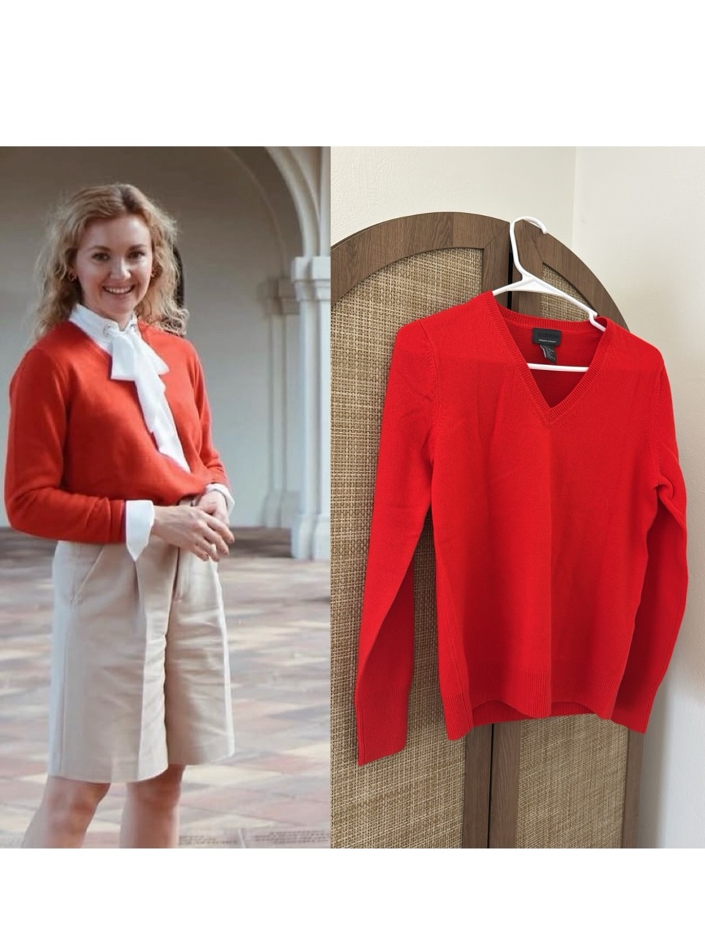 State Fusio 100% Cashmere Red V-Neck Sweater Pullover Premium Knit Size M